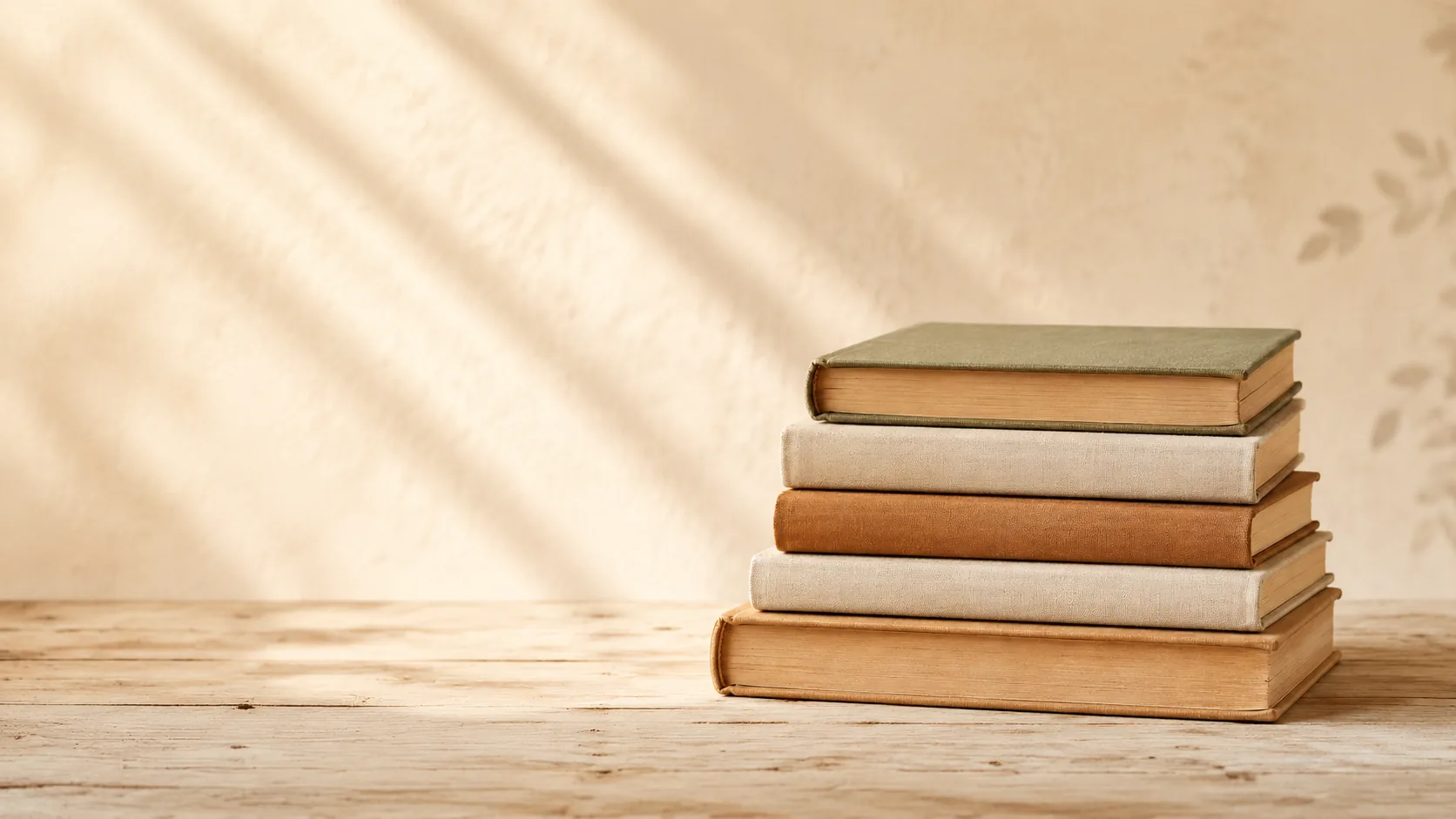A stack of cloth-bound books on a sunlit wooden table