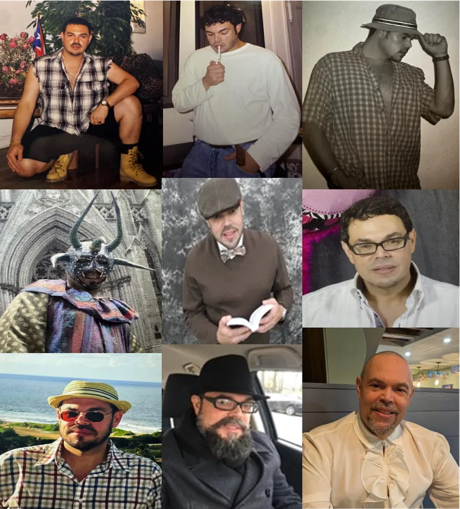 Nine archival photographs of Wilfredo across later years — at home, in costume, and reading