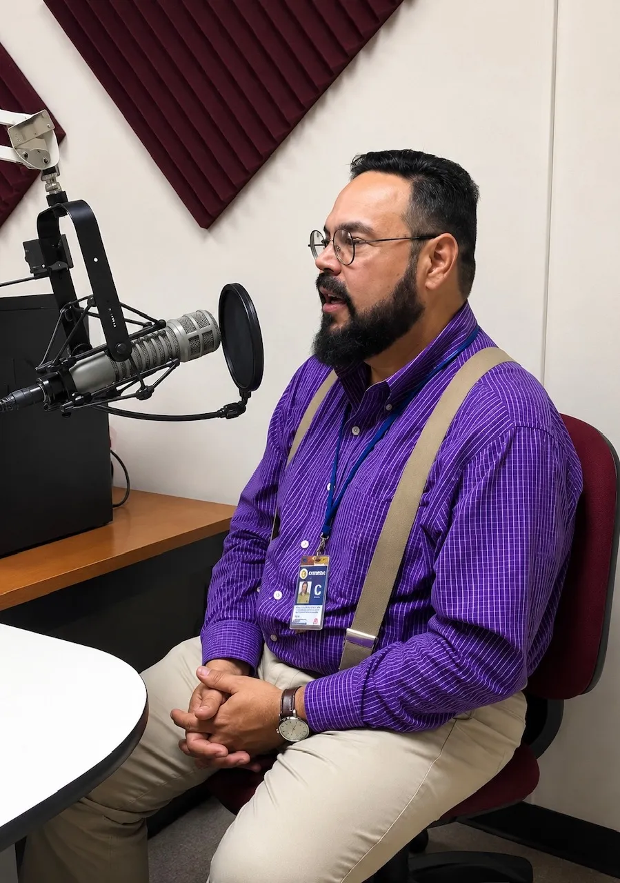 Wilfredo speaking into a studio microphone during a radio recording