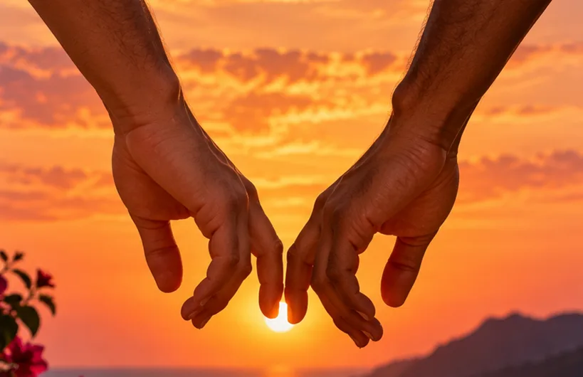 Two hands reaching toward each other, fingertips almost touching in front of a setting sun