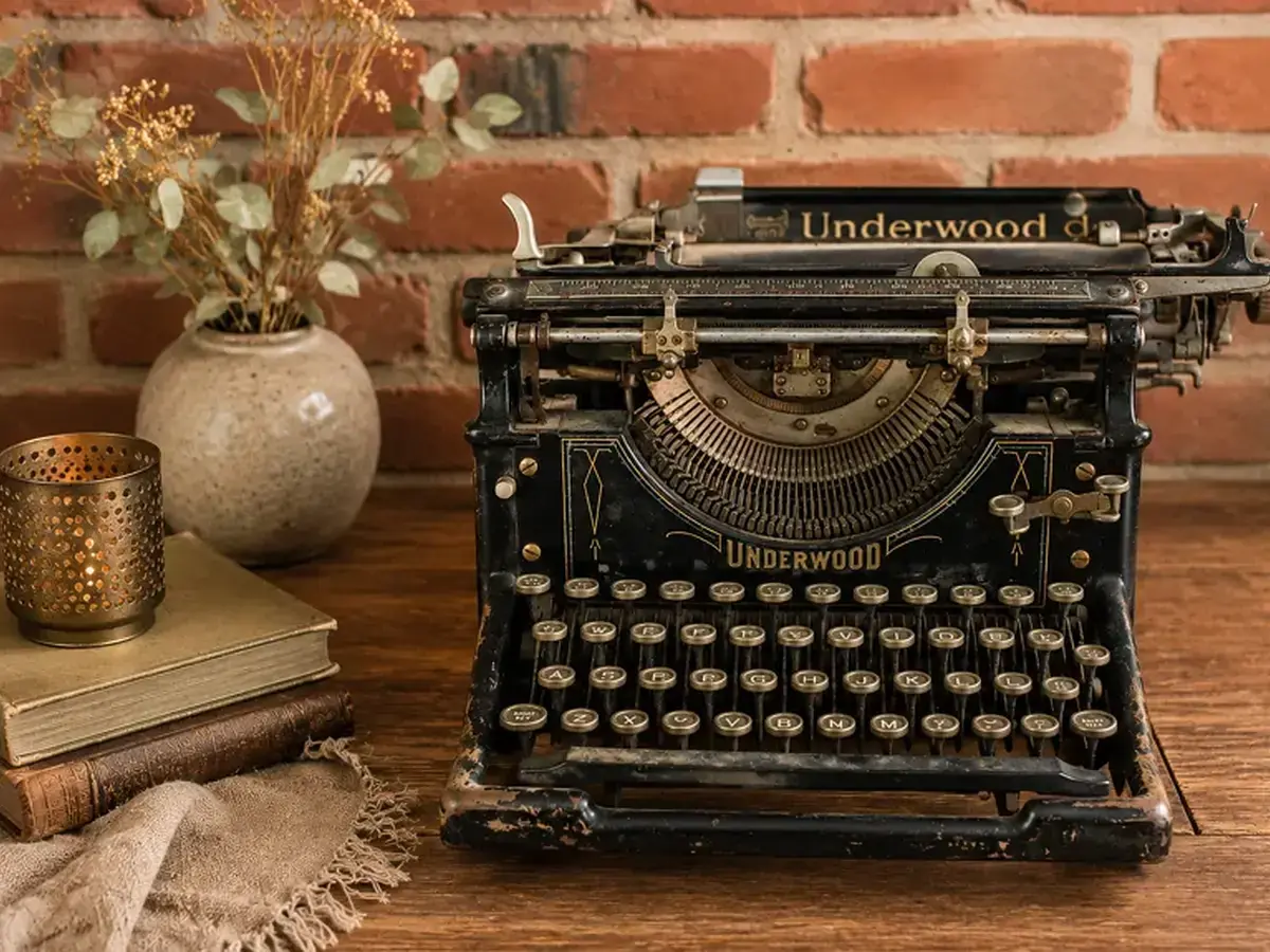 An Underwood typewriter on a wooden desk beside books, a lit candle, and dried flowers